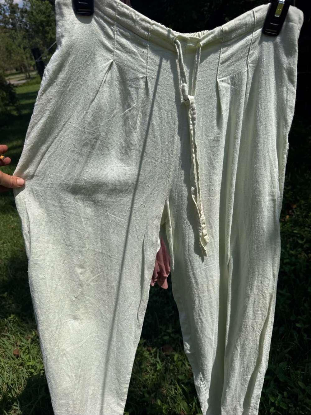 Women's light green linen pants with ruching